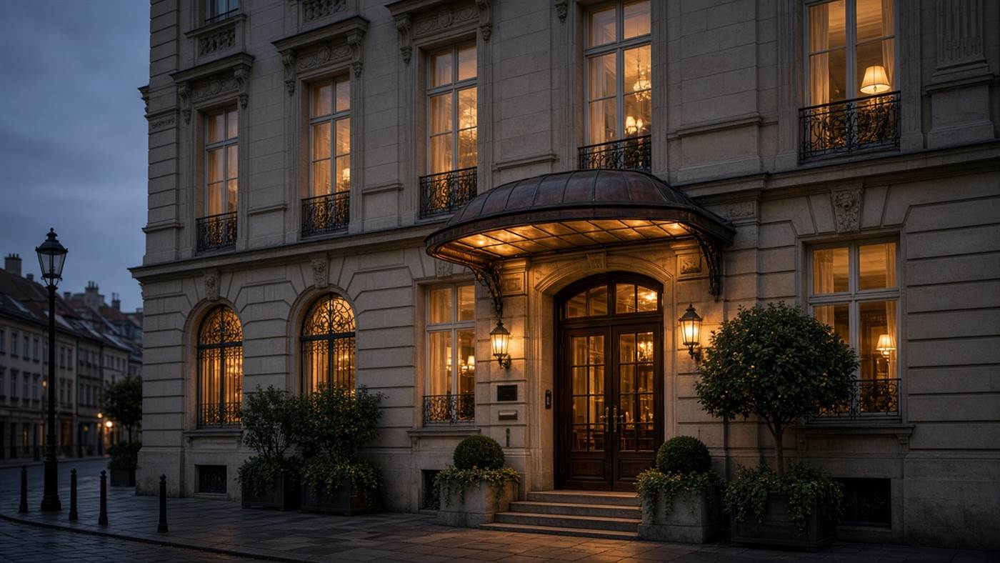 Hotelépület esti fényben
